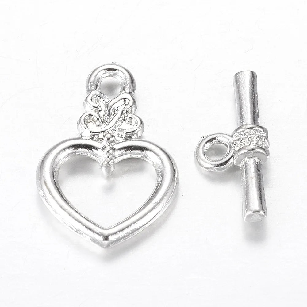 Antique Silver Toggle Clasps – Flower & Heart Connectors (5 Sets)