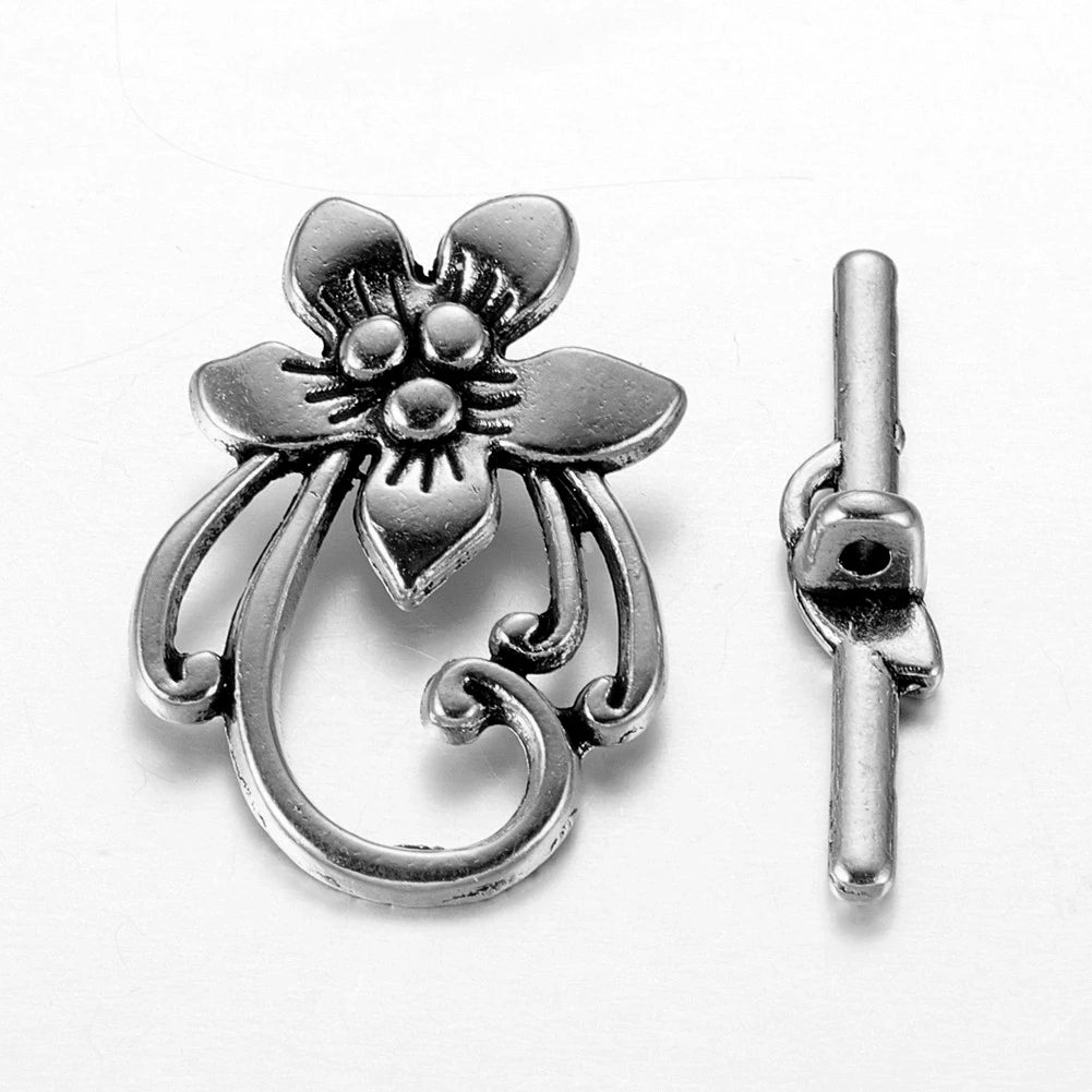 Antique Silver Toggle Clasps – Flower & Heart Connectors (5 Sets)