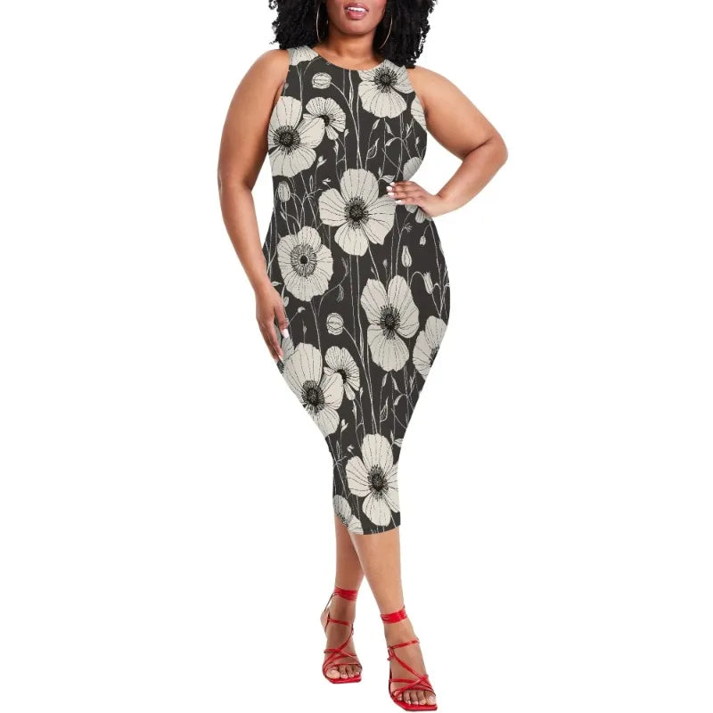 Women Casual Sexy Bodycon Tank Top Round Neck Dress Summer Pencil Sleeveless Basic Midi Club Dresses Beach Party