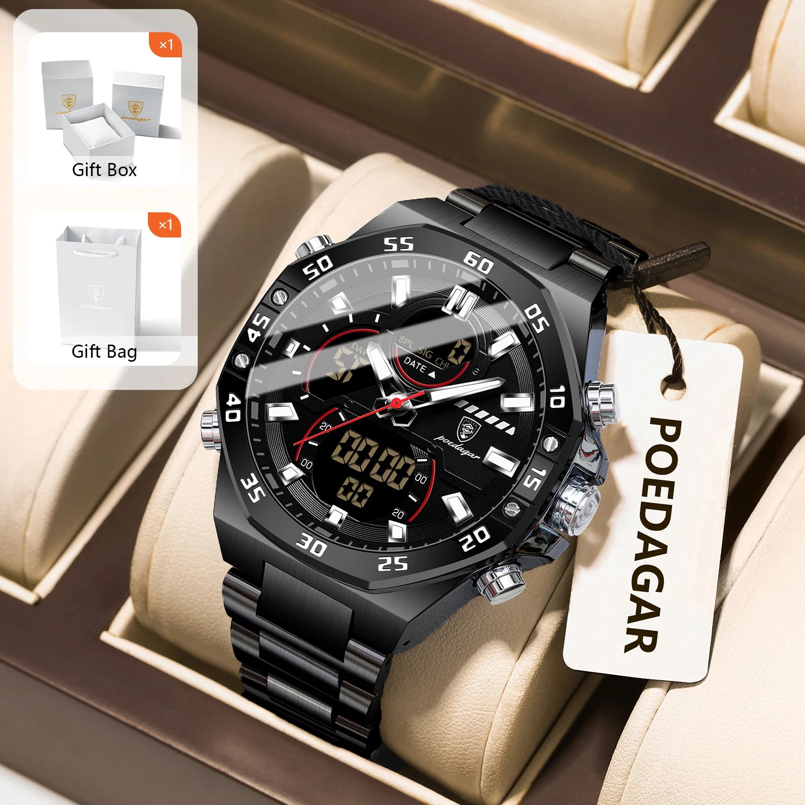 POEDAGAR Men’s Sport Watch – LED Waterproof Quartz