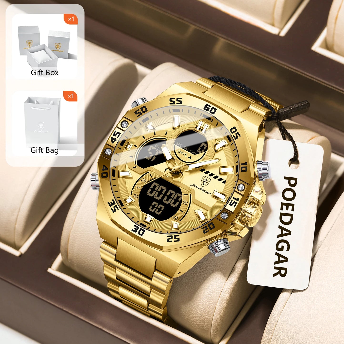 POEDAGAR Men’s Sport Watch – LED Waterproof Quartz